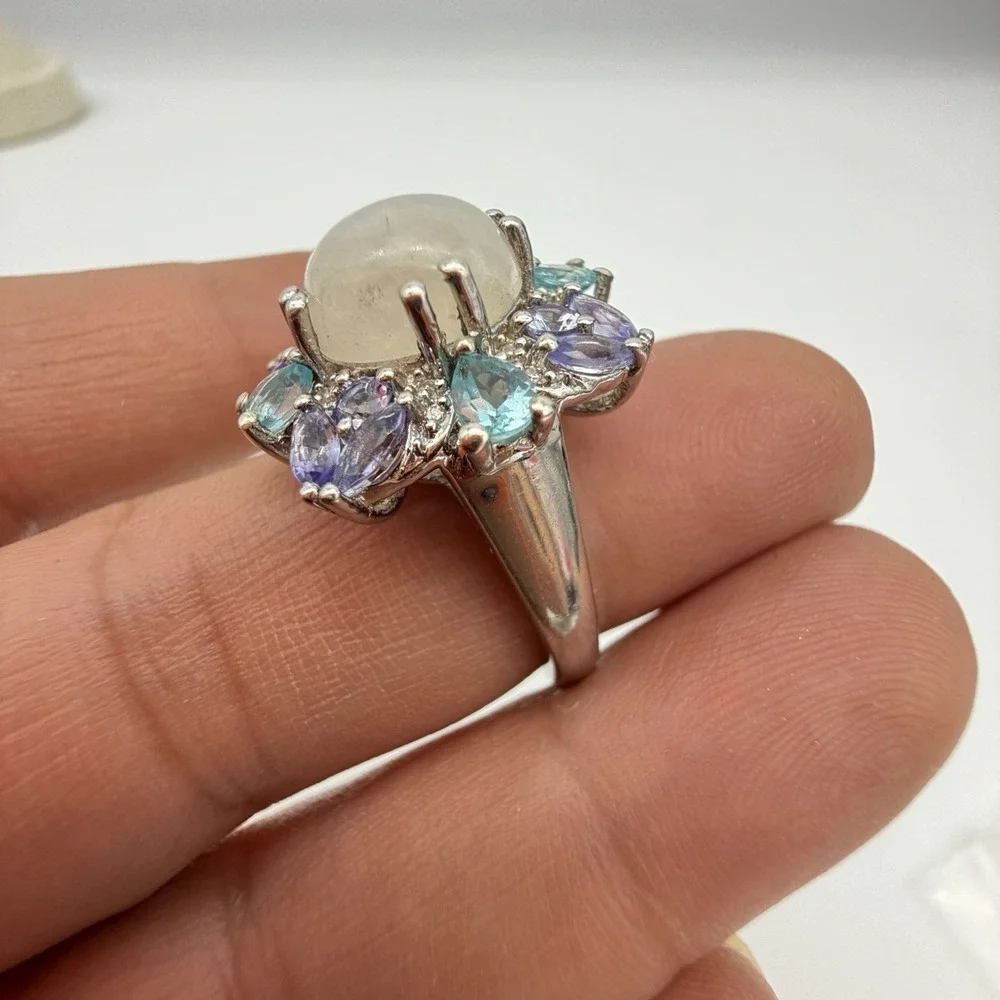 Vtg‎ STS Chuck Clemency Moonstone Multi Gemstone Ring Sterling Silver 6.5 Gr S7